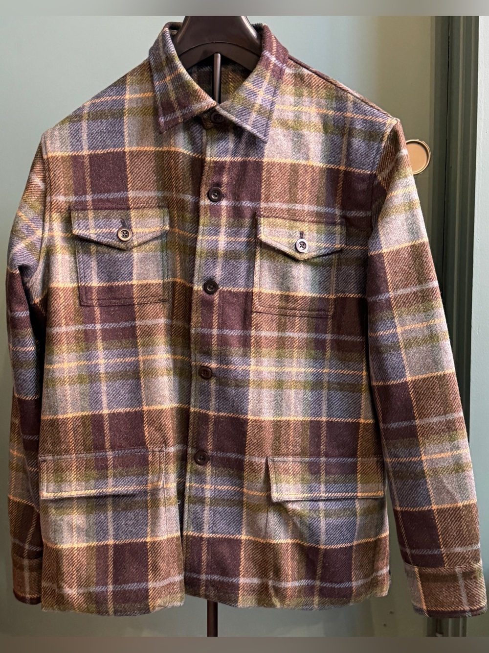 SID MASHBURN Wool CPO Shirt Chore Jacket Tan Green L Shacket Plaid Flannel Tweed